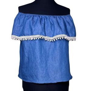 Papaya | Blue Chambray Crochet Trim Off Shoulder Top, Medium